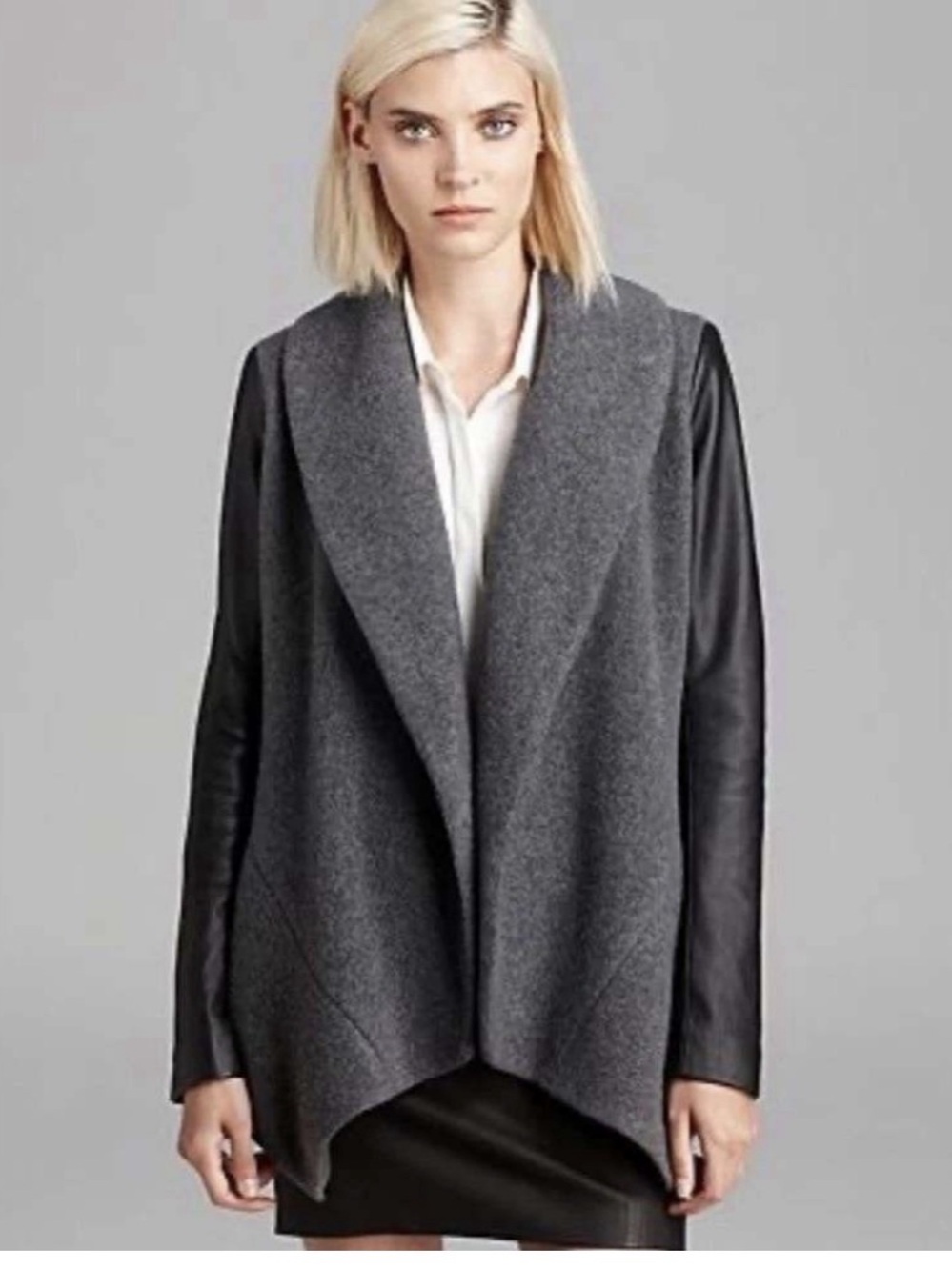 Theory Laura Lamb Leather Sleeve Wool Cashmere Open Cardigan Jacket Women's M